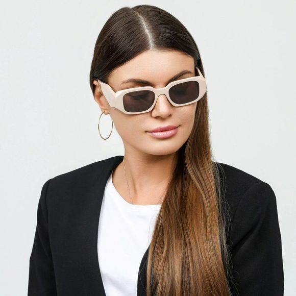 Prada PR17WS VYJ6X1 Sunglasses Powder Beige Brown Rectangle Unisex - Picture 3 of 15